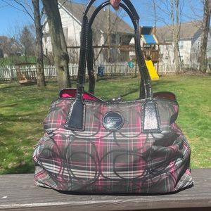 Black, purple and pink Coach handbag
